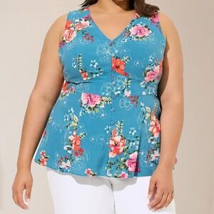 Torrid Blue Floral Sleeveless V-Neck Button Front Peplum Top Plus Size 2X